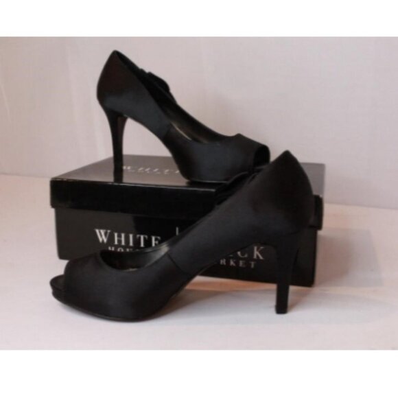White House Black Market Women's 7.5M Naples Black Fabric Peep Toe Pumps WHBM - Picture 1 of 5